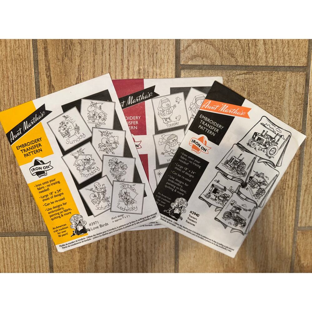 Aunt Martha's Embroidery Transfer Pattern (lot of 3 - Tractor; Snowmen; Birds)